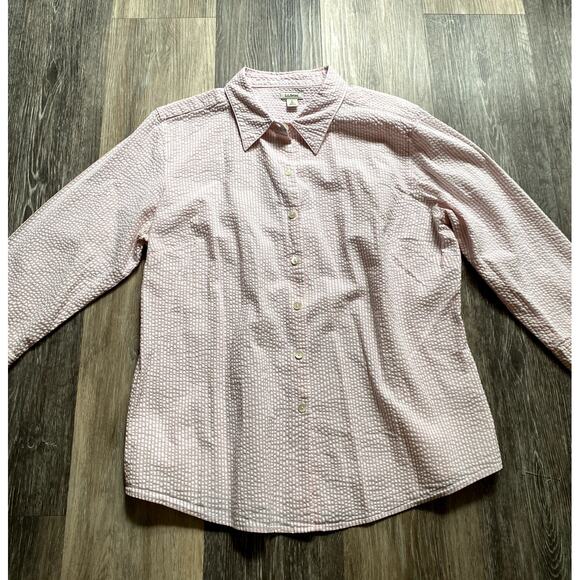 LL Bean Striped Button Up Blouse Pink Large Heritage Cottage Quiet Luxury Cotton - Picture 2 of 5